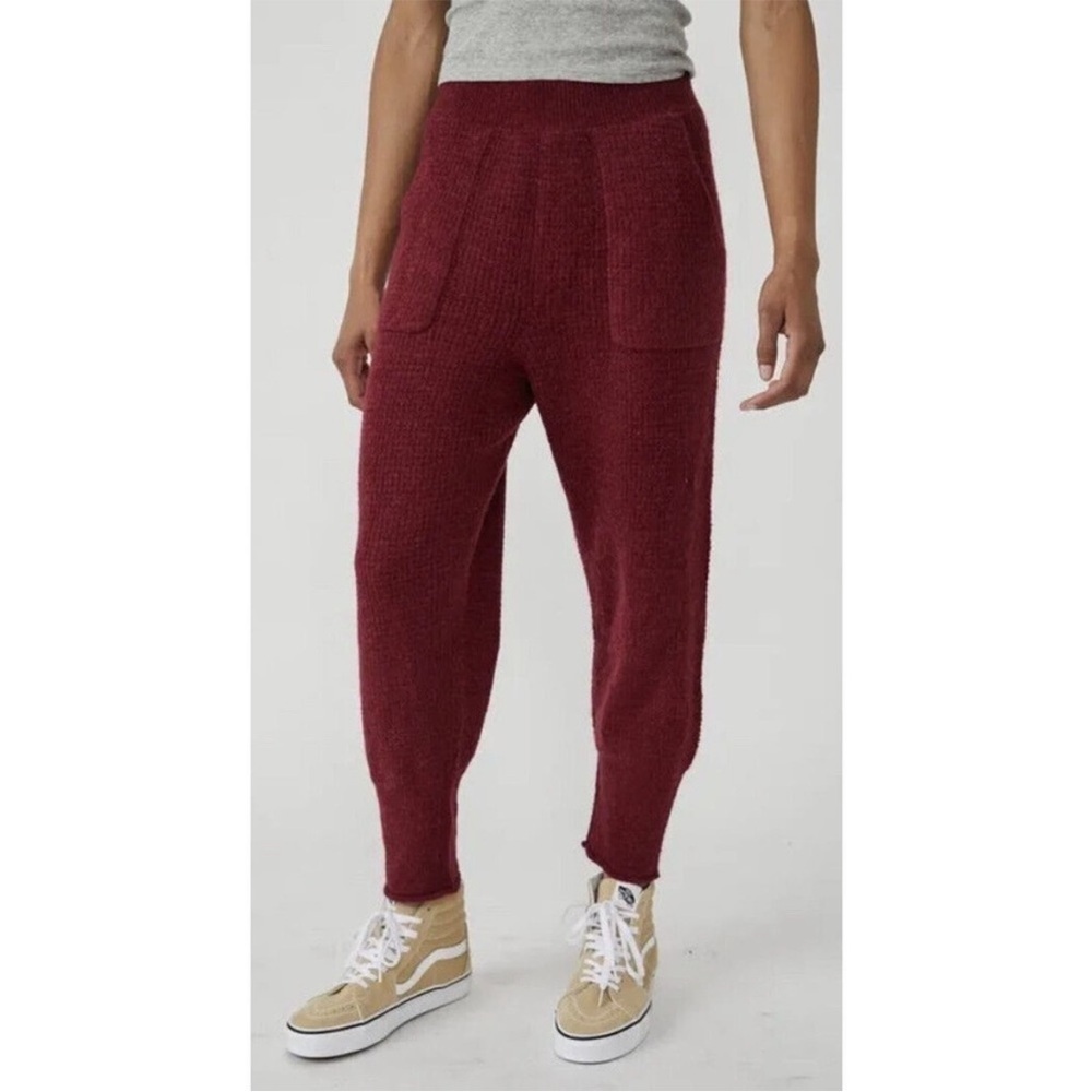 Free People SMALL C.O.Z.Y. Waffle Knit Joggers Pants Off Beat Red